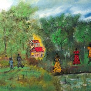 ציור נוף אקריליק על קנבס של דמויות מטיילות ביער ירוק עם בקתה ופלג מים