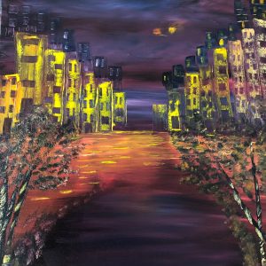 ציור שמן של עיר מוארת בלילה עם השתקפות על מים בגווני אדום וסגול