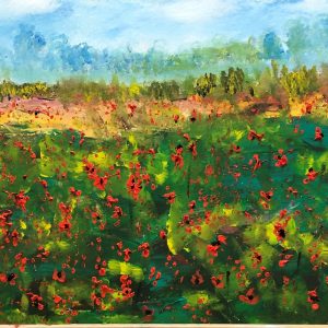 ציור שמן של שדה כלניות אדומות בפריחה על רקע ירוק