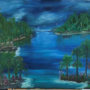 ציור שמן של אגם טרופי ויער ירוק תחת שמיים כחולים