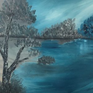 ציור שמן נוף כחול, עצים ואגם בגוונים מרגיעים של כחול ואפור, 40X50 ס'מ
