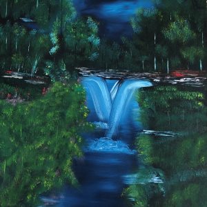 ציור שמן של מפל מים כפול הזוהר בלילה בתוך יער