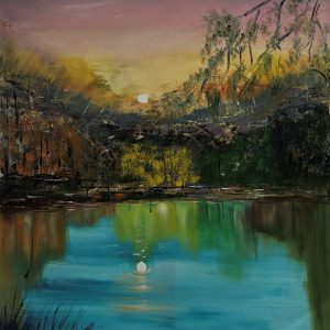 ציור שמן של נוף שקיעה המשתקפת באגם טורקיז