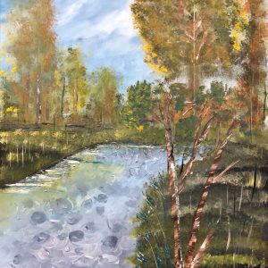 ציור שמן נוף של נהר זורם בין עצים בסתיו
