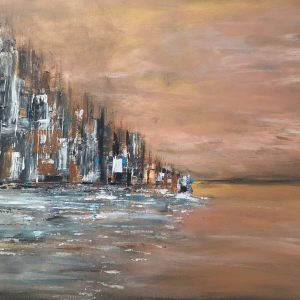 ציור מופשט של עיר חוף בגווני חום ואוקר עם השתקפות במים