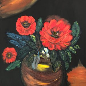ציור שמן מקורי של פרחים אדומים באגרטל על רקע דרמטי, שמן על קנבס 60X50