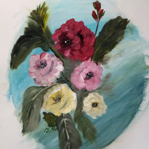 ציור שמן של פרחים אדומים וורודים בקומפוזיציה אובלית על נייר