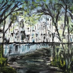 ציור שמן נוף עיירת כפר ועצים משתקפים במים