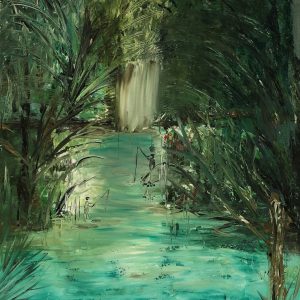 ציור נוף אקספרסיבי של יער ירוק שופע ונהר מים תכולים