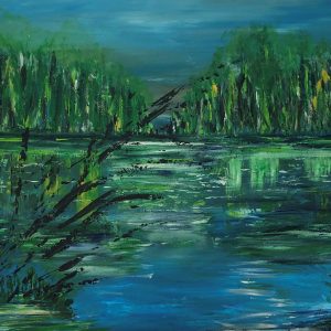 ציור נוף אבסטרקטי של אגם ירוק וכחול עם השתקפויות, אקריליק על קנבס