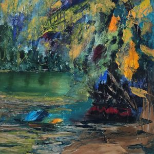 ציור אבסטרקט באקריליק על קנבס בגווני ירוק כחול וצהוב