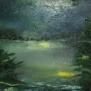 ציור שמן של נוף מים לילי עם השתקפות אור וצמחייה ירוקה