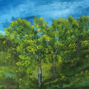 ציור שמן של נוף עצים ירוקים תחת שמיים כחולים בגודל 60 על 50