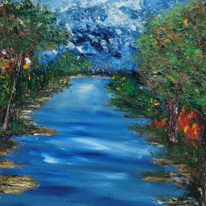 ציור שמן של נוף נהר ביער עם משיחות צבע עבות