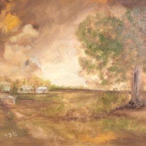 ציור שמן של נוף כפרי בגווני צהוב וחום עם עץ גדול ובתים באופק