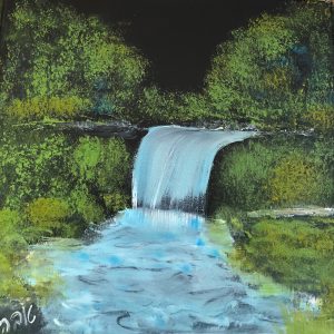 ציור שמן של מפל מים תכול זורם מוקף בצמחייה ירוקה ועבותה על קנבס