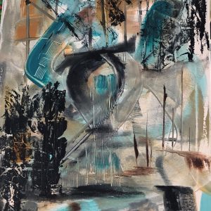 ציור אבסטרקט באקריליק על קנבס בגווני טורקיז, שחור וחום-זהוב בגודל 60X40