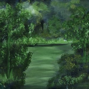 ציור שמן נוף בערב, יער ירוק עמוק ומקווה מים שקט, 40X60