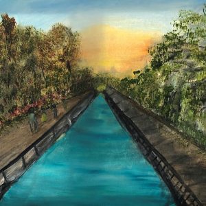 ציור נוף פסטורלי של תעלת מים תכולה ושבילי הליכה עם עצים בשקיעה