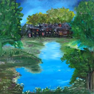ציור שמן של בית כפרי על שפת אגם תכול מוקף בעצים ירוקים