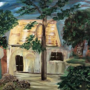 ציור שמן נוף גבעת חביבה עם מבנה כפרי פסטורלי ועצים