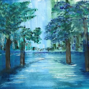 ציור אקריליק של יער קסום בגווני כחול וירוק עם השתקפות עצים במים