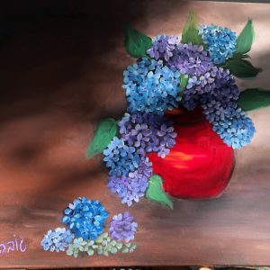 ציור שמן של פרחים כחולים וסגולים בכד אדום על קנבס