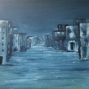 ציור שמן של נוף עירוני מופשט בגווני כחול ואפור, 30X30 ס'מ