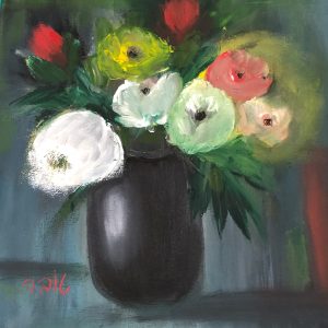 ציור שמן של פרחים צבעוניים באגרטל כהה 70X50