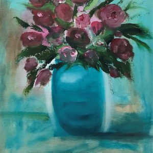 ציור שמן מקורי של זר פרחים סגולים ובורדו באגרטל טורקיז עמוק