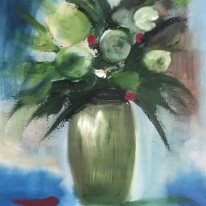 ציור שמן של פרחים לבנים וירוקים באגרטל על רקע כחול