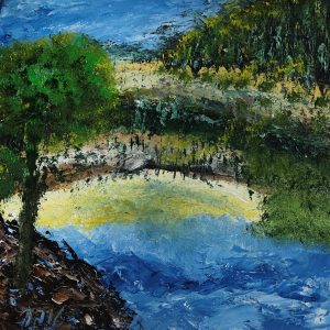 ציור שמן נוף של חוף טרופי עם מים כחולים וצמחייה ירוקה