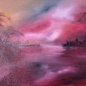 ציור שמן של נוף ורוד עם אגם ועצים, 50X70