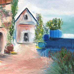 ציור שמן של נוף ונציה, מבנה אבן עתיק עם פרחים וקיר כחול עמוק, 50X70