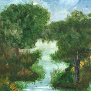 ציור שמן נוף נהר פסטורלי ועצים ירוקים 40X40 ס'מ