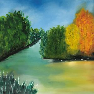 ציור שמן נוף פסטורלי של נהר בשלכת