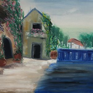 ציור שמן הבתים של ונציה נוף פסטורלי עם גשר כחול ופרחים