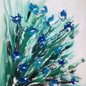 ציור פרחים אבסטרקט של פרחים כחולים וגבעולים ירוקים באקריליק על קנבס