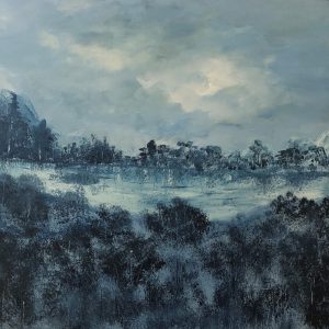 ציור שמן של נוף אפרורי ומסתורי בגווני כחול ואפור, 50X70