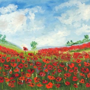 ציור שמן של שדה כלניות אדומות פורחות על רקע גבעות ירוקות ושמיים כחולים