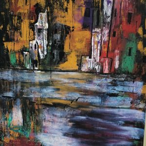 ציור אבסטרקט של בתים על המים אקריליק על קנבס