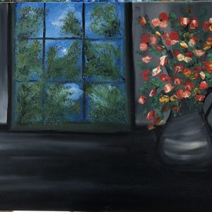 ציור שמן של פרחים אדומים בכד כהה ליד חלון המשקיף אל עצים ירוקים