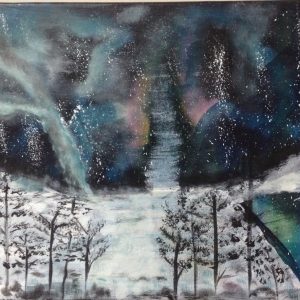 ציור אקריליק של נוף חורף מושלג בלילה עם שמיים זוהרים