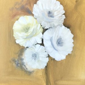 ציור שמן של פרחים לבנים על רקע חרדל-צהוב בגודל 50X40