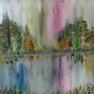 ציור אבסטרקט של עצים המשתקפים במים, אקריליק על קנבס בצבעי פסטל