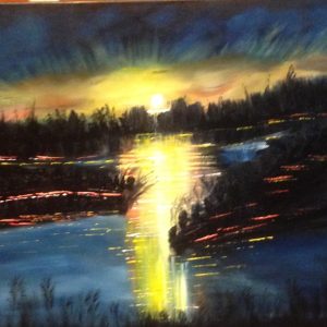 ציור שקיעה אקריליק על קנבס המציג השתקפות אור זהוב על פני מים כחולים