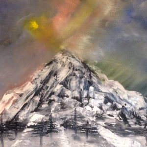 ציור של הר מושלג תחת שמיים צבעוניים באקריליק על קנבס