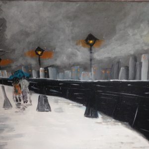 ציור אקריליק של זוג הולך בשלג תחת מטרייה על רקע לונדון