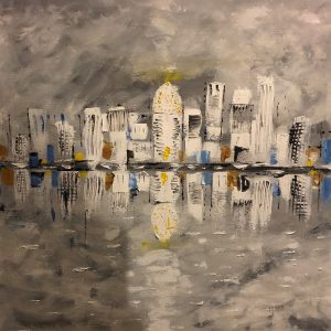 ציור שמן מופשט נוף עירוני עיר בלבן משתקפת במים אפורים