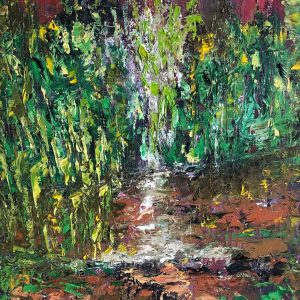 ציור שמן אבסטרקט נוף יער טקסטורלי בצבעי ירוק וארגמן במידות 60X40